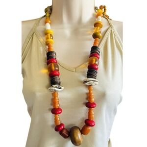 VTG African Trade Amber Shell Necklace Beaded Long Beads Rare Statement Chunky